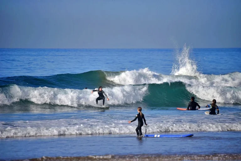 Surfers of the group surfing course in the water