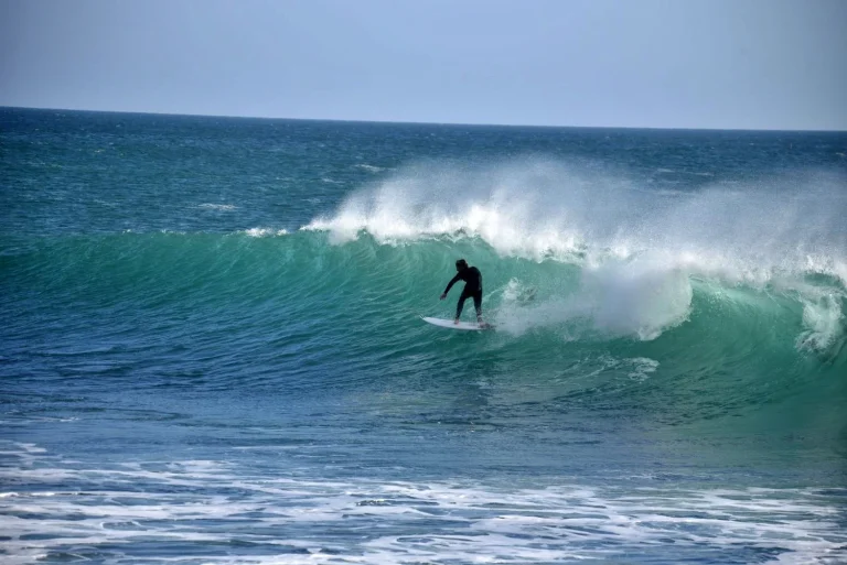 Surfer in a big wave at the surf spot Boiler in Morocco