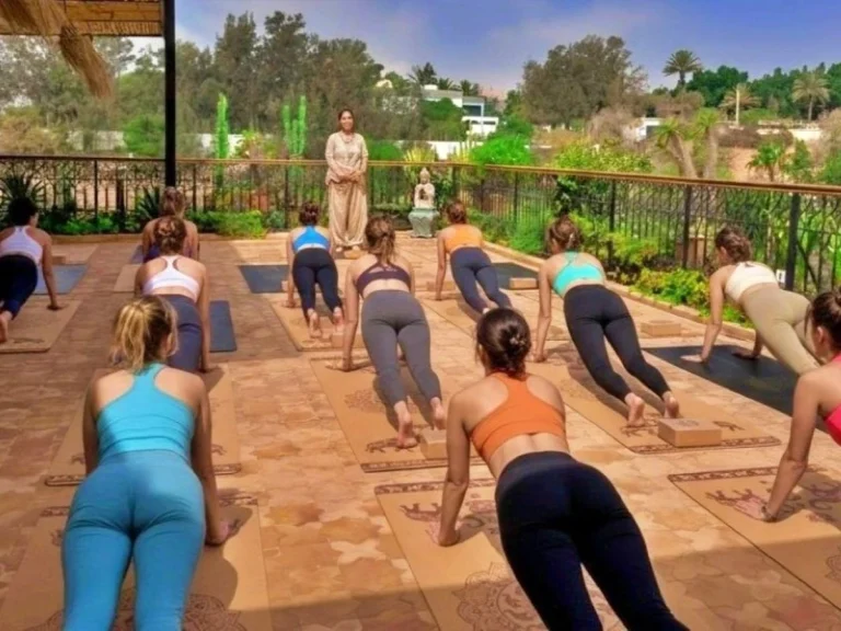 Yoga class on the rooftop terrace of the boutique hotel